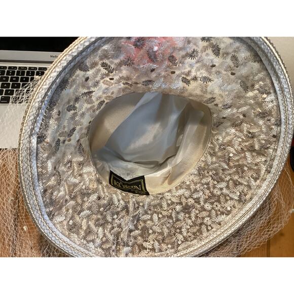 Kokin Bucket Straw Veil Ivory Floral Embroidery Net Vintage Bridal Lunch Hat - Picture 9 of 9